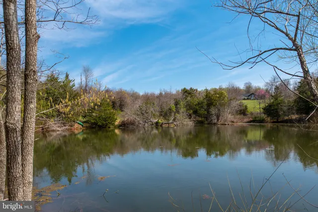 a view of a lake with houses in the back
