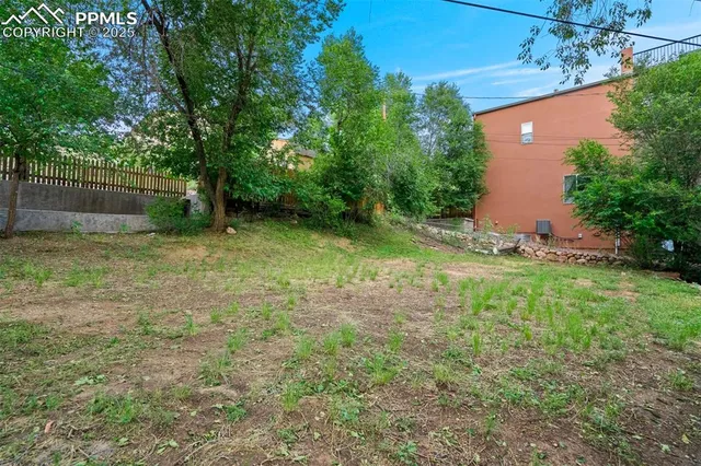 a backyard of a house with lots of plants and large tree