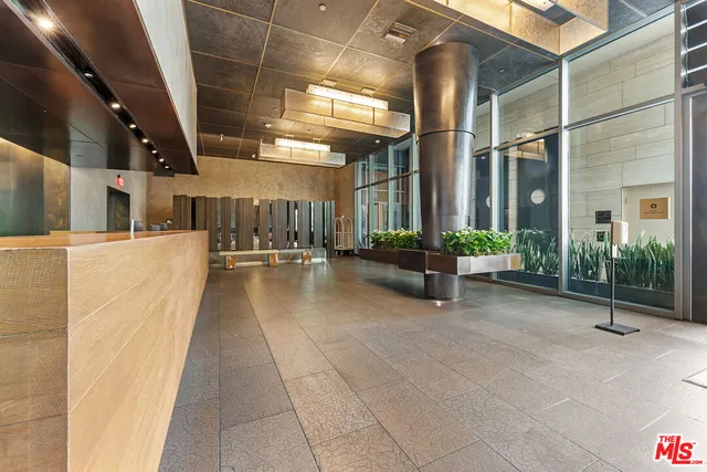 a lobby with furniture