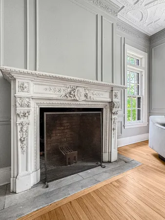 a living room with a fireplace
