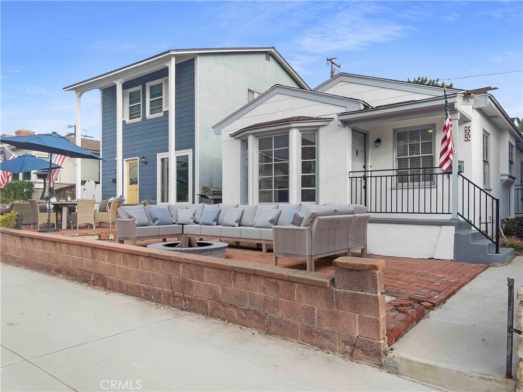 front view of a house with a patio
