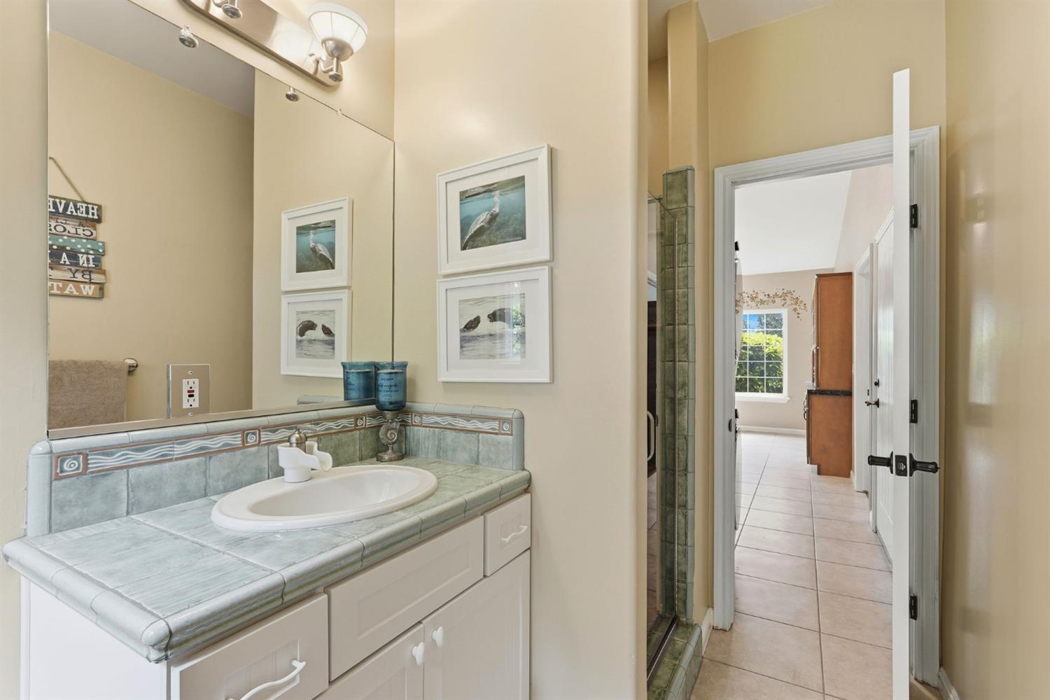2030 Marden Drive Rescue, CA 95672 - Photo 53 of 96 a bathroom with a granite countertop sink a mirror and a shower