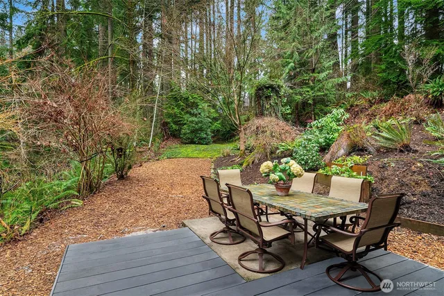 a view of a backyard with table and chairs