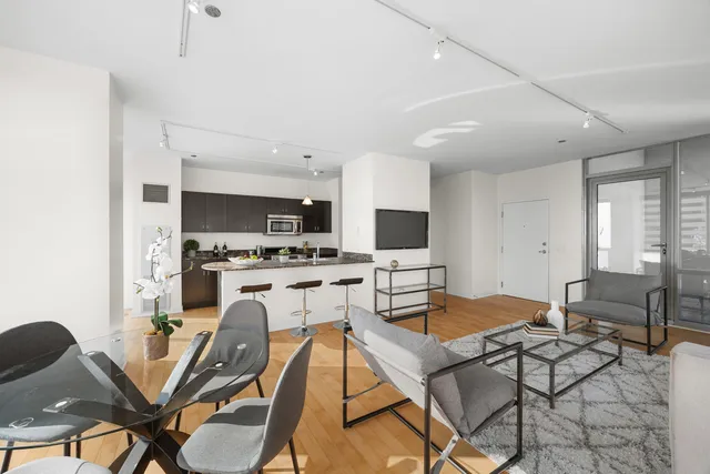 a view of a dining room with furniture