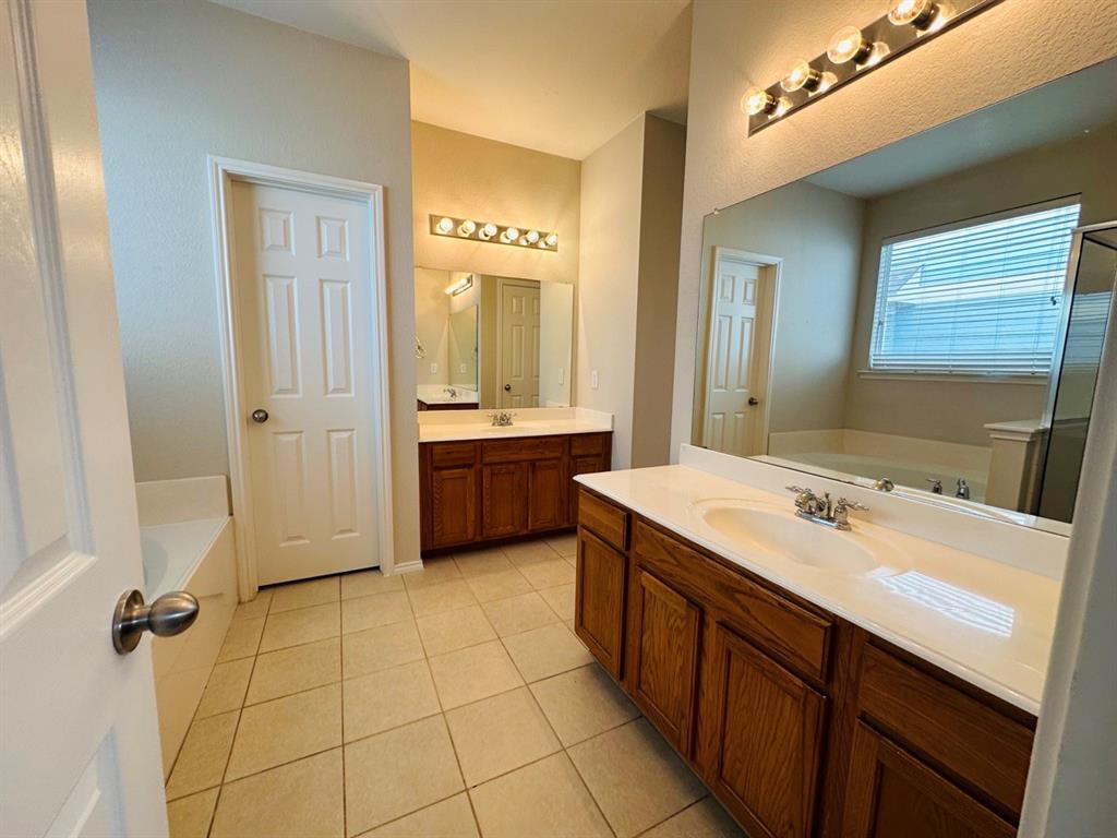 9701 Meadow Rue Drive McKinney, TX 75072 - Photo 14 of 24 a bathroom with a sink a mirror and a shower