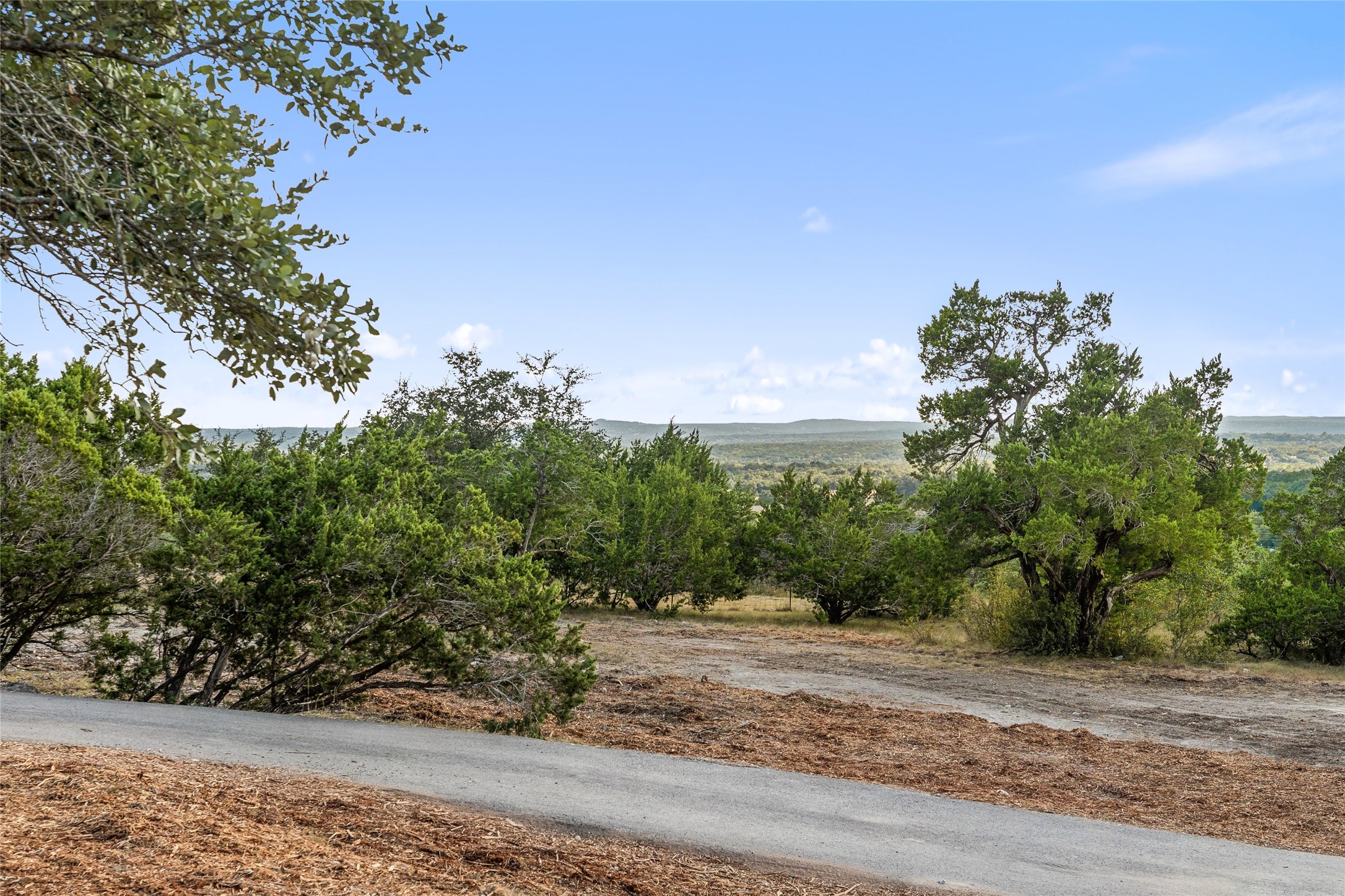 601 Hays Country Acres Road Dripping Springs, TX 78620 - Photo 37 of 38 Mature trees and scenic distant hills frame this cleared, gently sloping building site.