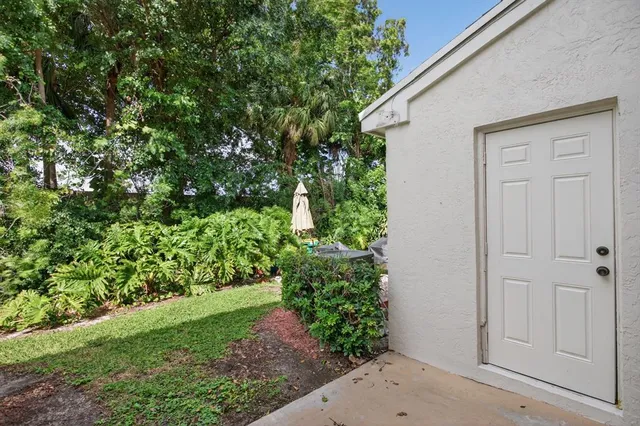 a view of a backyard with potted plants