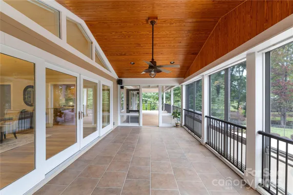 a view of a patio with a large window