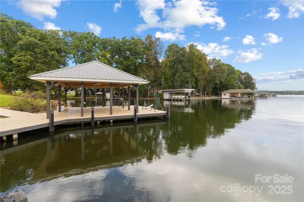 a view of a lake with a patio
