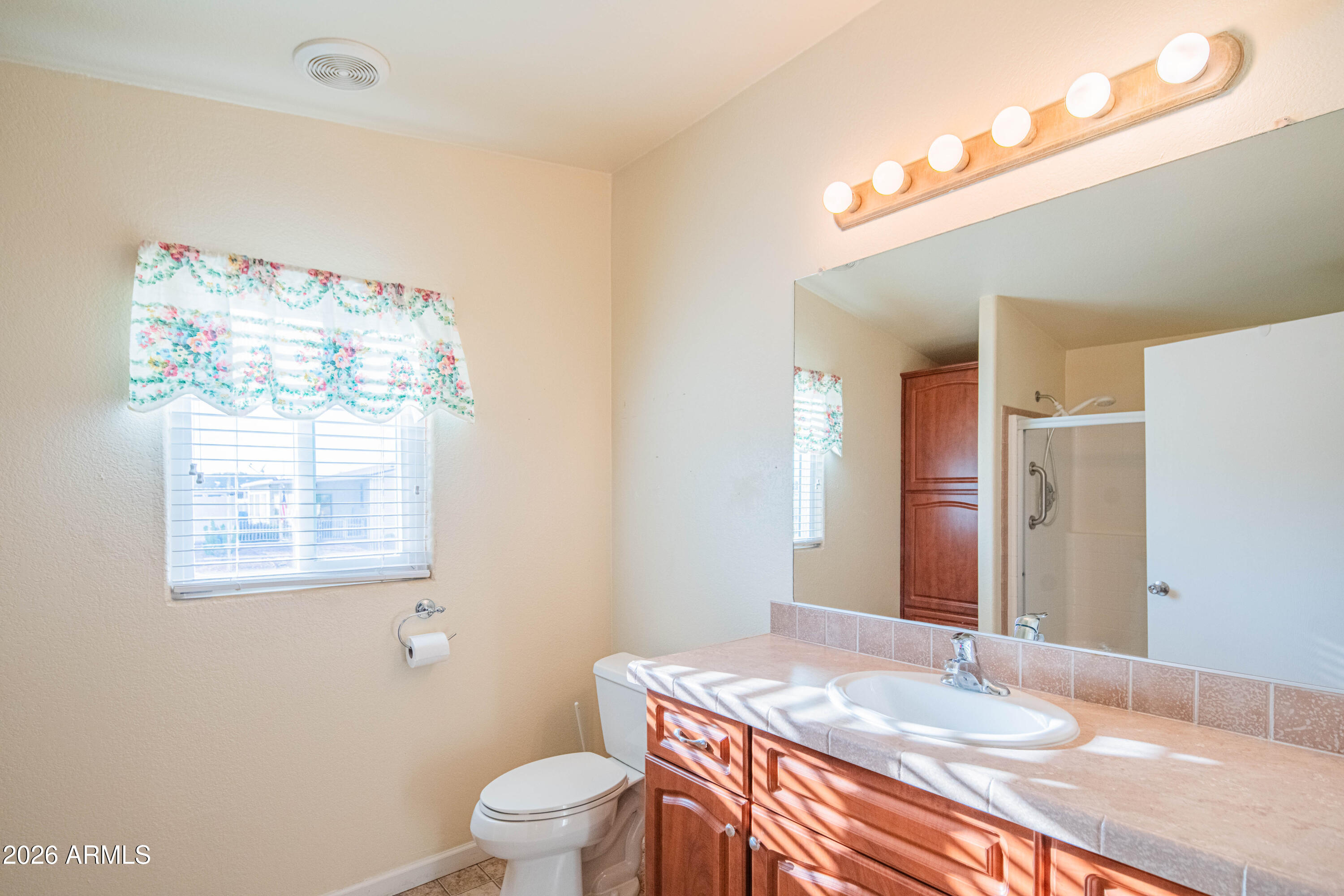 633 South 87th Place Mesa, AZ 85208 - Photo 49 of 55 a bathroom with a granite countertop sink a toilet and a mirror
