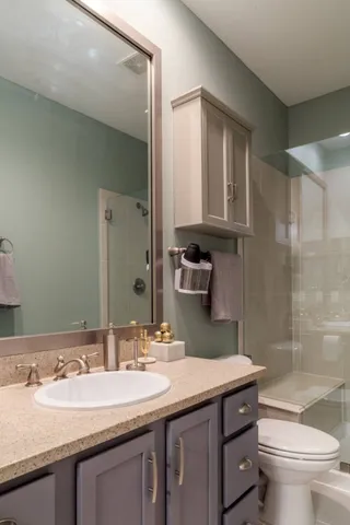 a bathroom with a granite countertop sink toilet and shower