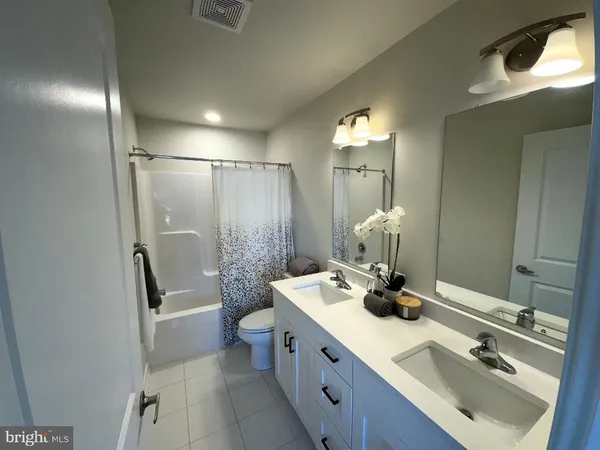 a bathroom with a double vanity sink a toilet and shower