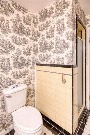 a white toilet sitting next to a shower curtain