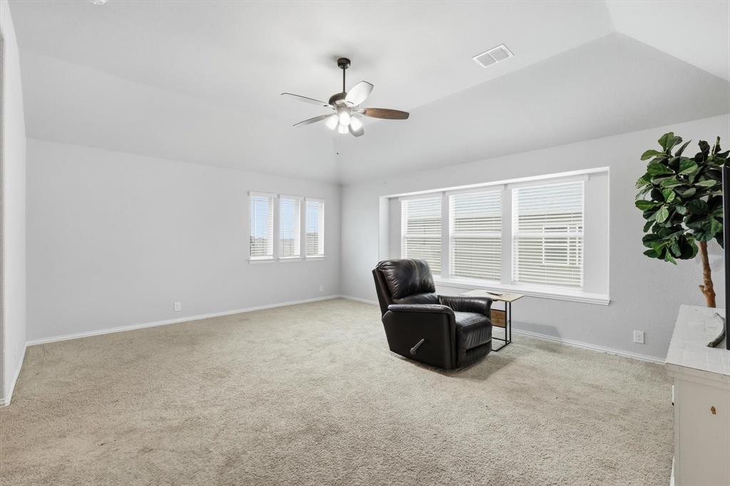 924 Timber Ridge Drive Justin, TX 76247 - Photo 24 of 32 Spacious room featuring vaulted ceilings, a ceiling fan with light fixture, carpeted flooring, and multiple windows with blinds