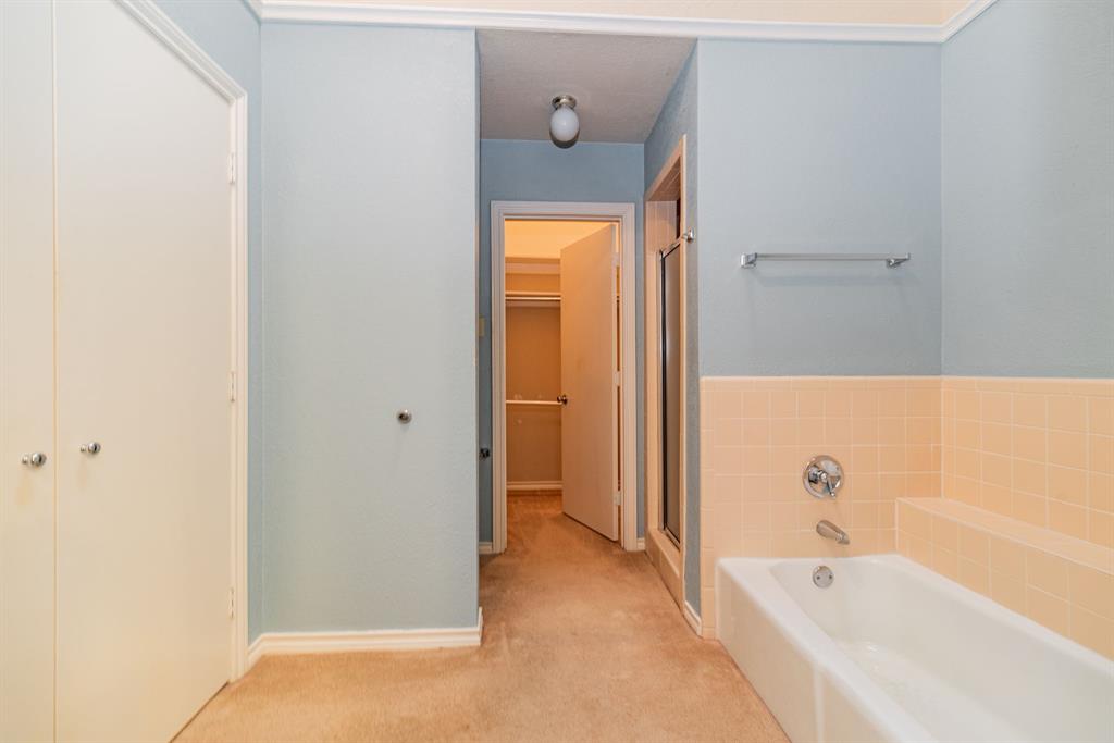 1106 Signal Ridge Place Rockwall, TX 75032 - Photo 22 of 32 Full bath featuring a spacious closet, a bath, light colored carpet, and a stall shower