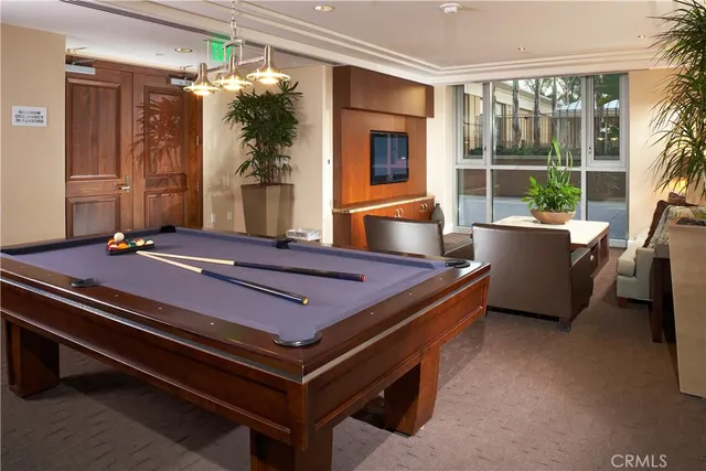 a room with pool table and a potted plant