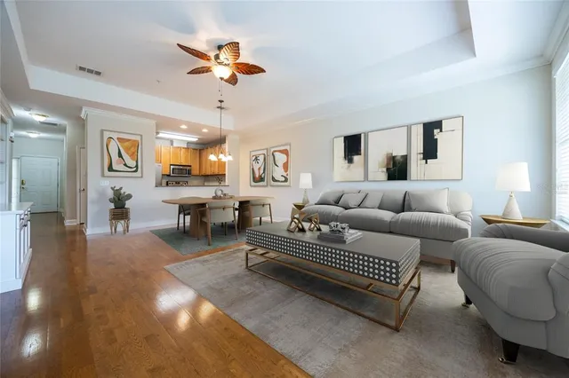 a living room with furniture ceiling fan and a rug