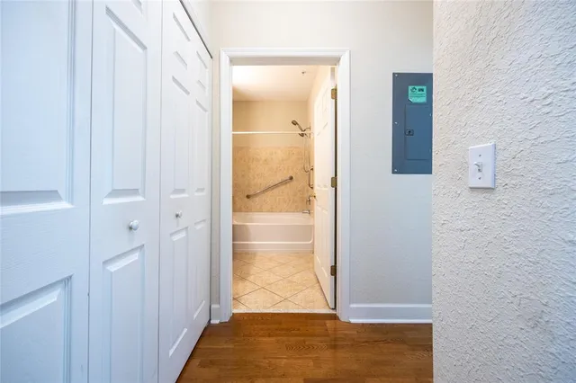 a view of wooden door