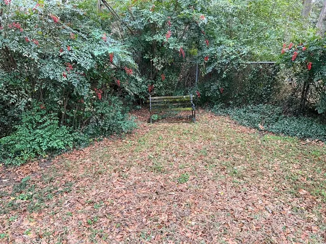 a view of backyard with outdoor seating and green space