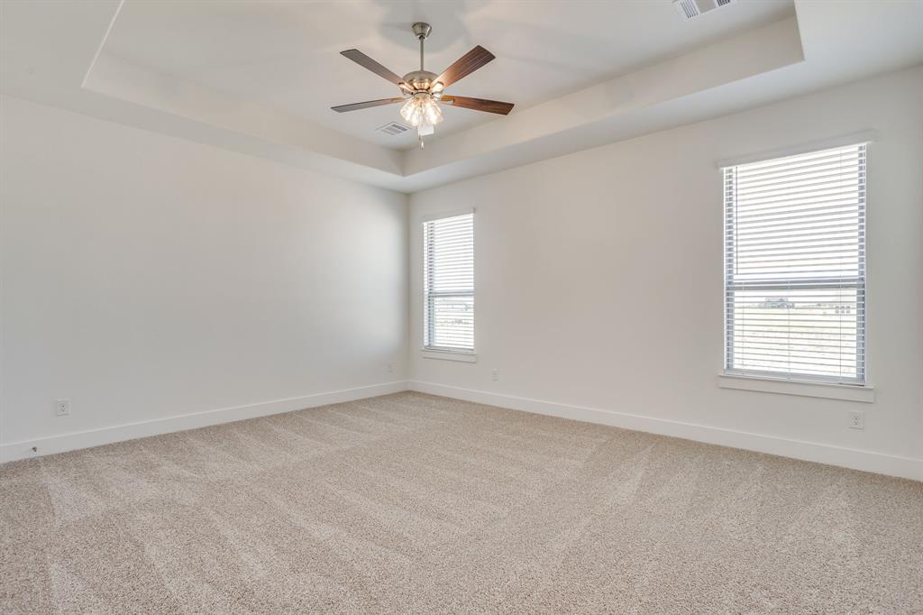 10611 Rye Bread Lane Venus, TX 76084 - Photo 19 of 36 Tray ceiling with a ceiling fan, two windows with blinds, and neutral carpeting