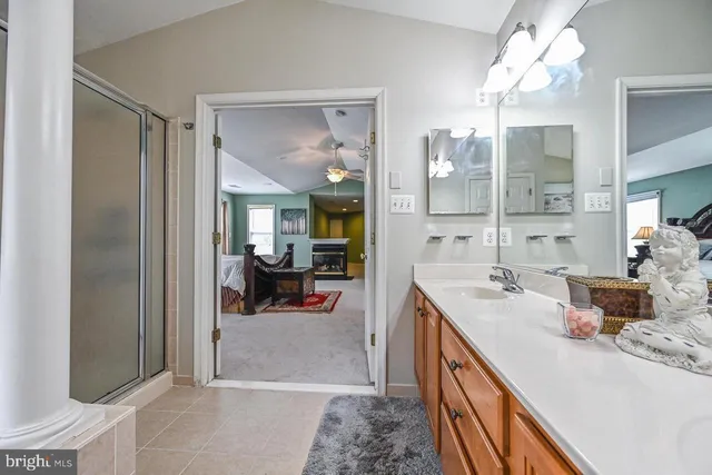 a bathroom with a double vanity sink mirror and shower