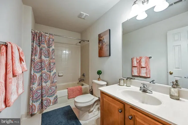 a bathroom with a sink a toilet a shower curtain and a large mirror