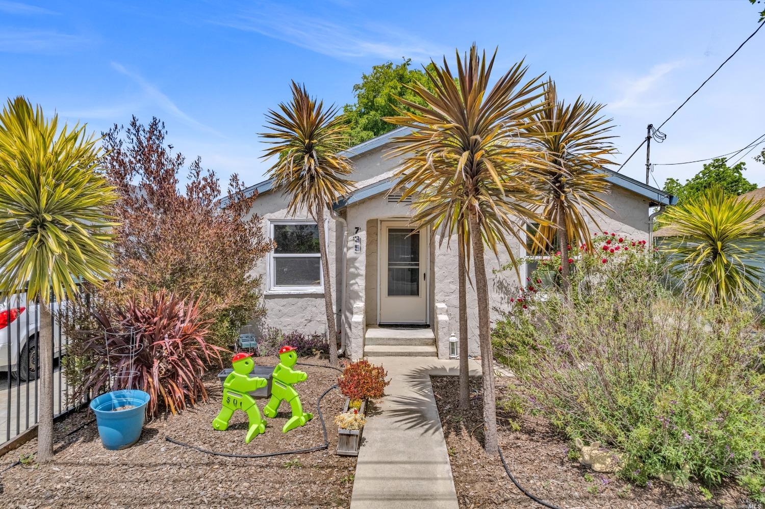 a front view of a house with a blue plant