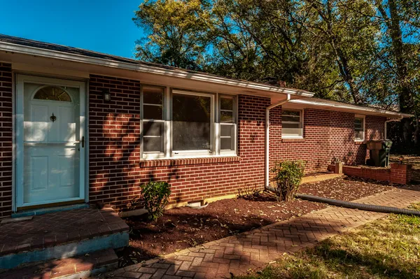 a view of a park with large trees