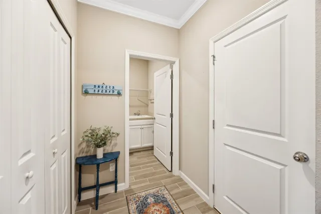 a view of a room that has a bench in it