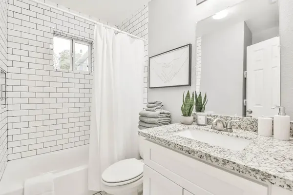 a bathroom with a granite countertop sink toilet and shower