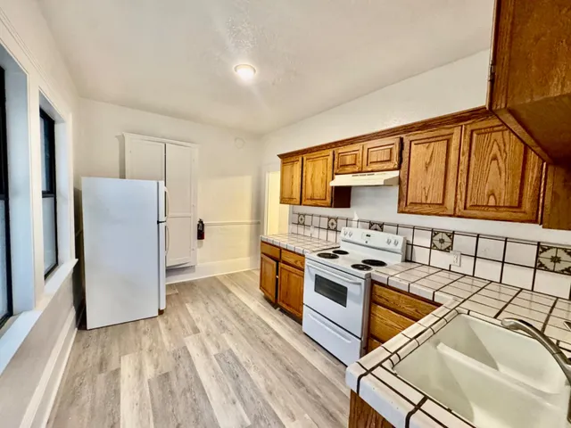 a kitchen with a sink a counter top space a stove and a refrigerator