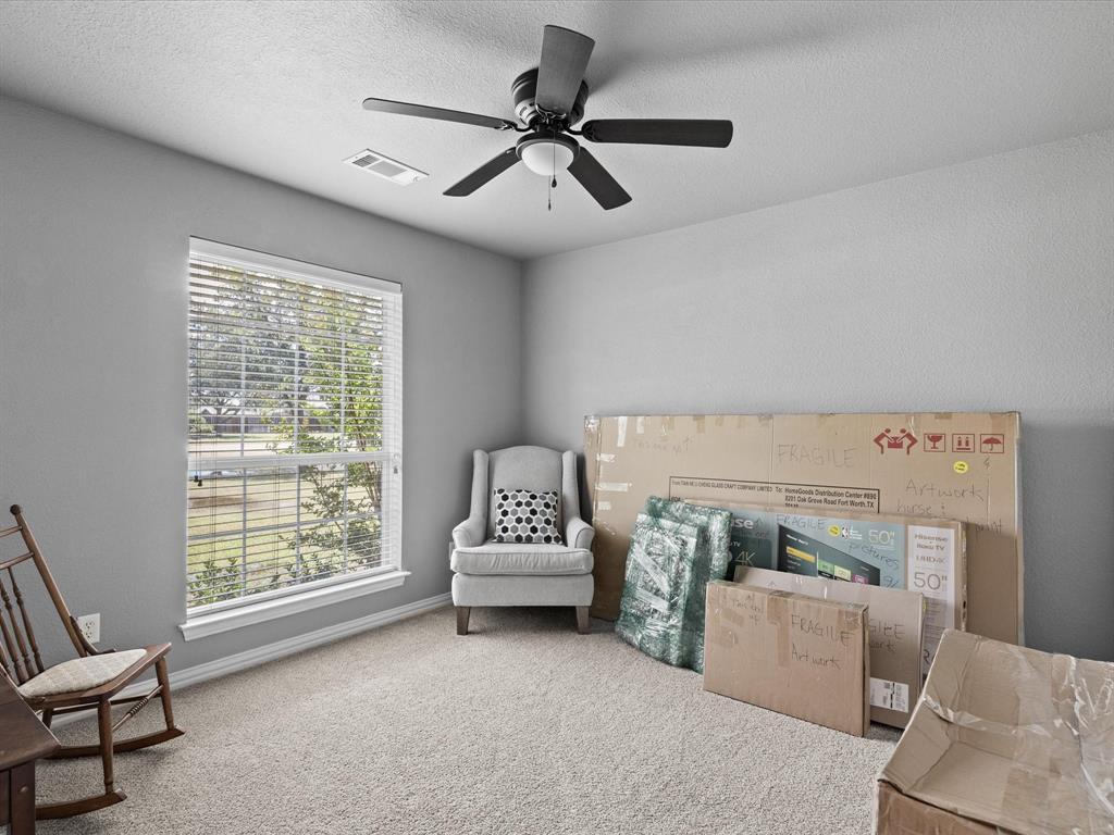 10066 Irish Ridge Forney, TX 75126 - Photo 22 of 39 Sitting room with carpet floors, a ceiling fan, and a textured ceiling