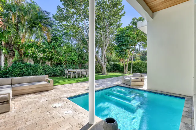 a view of a backyard with swimming pool