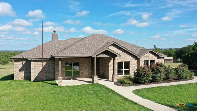 a view of a house with a yard potted plants and a large tree