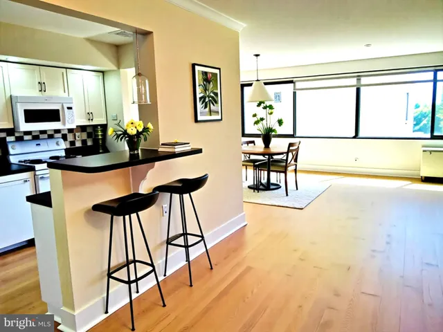 a view of a dining room with furniture and a kitchen