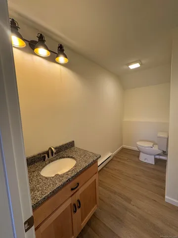 a bathroom with a granite countertop sink a toilet and a mirror