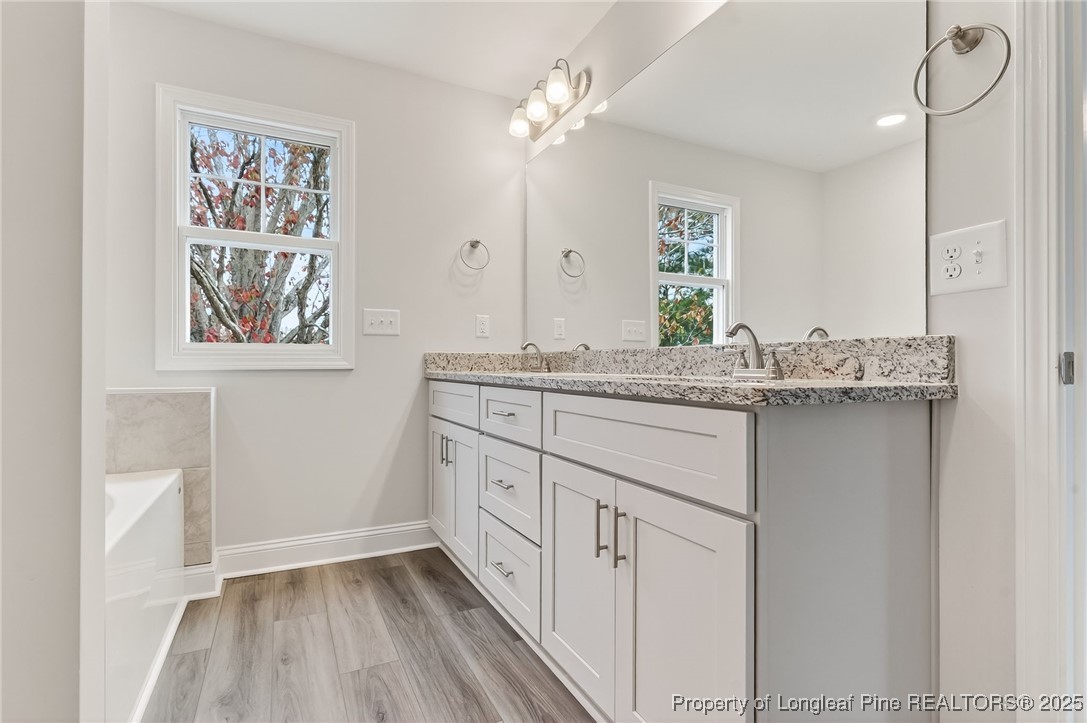 419 Delmore Road Autryville, NC 28318 - Photo 23 of 34 a bathroom with a granite countertop sink a mirror a vanity and a shower
