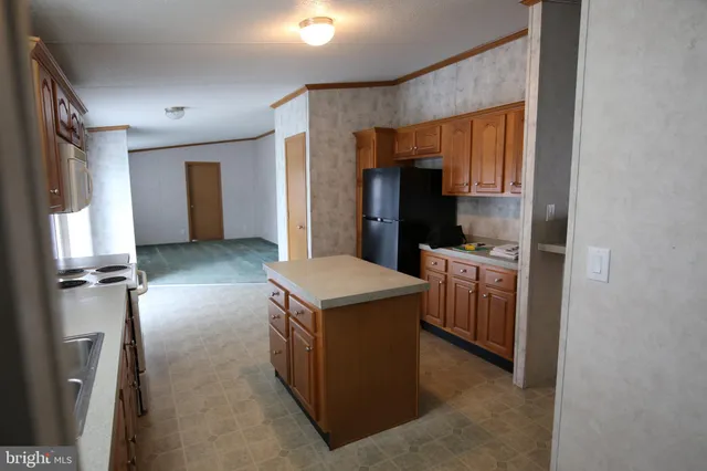 a kitchen with a refrigerator and a sink