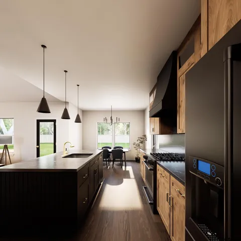 a open kitchen with stainless steel appliances a sink a counter top space a stove and a window