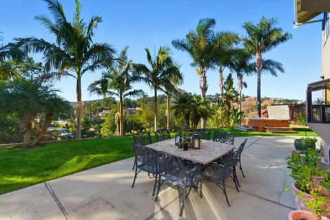 a view of a backyard with a sitting area