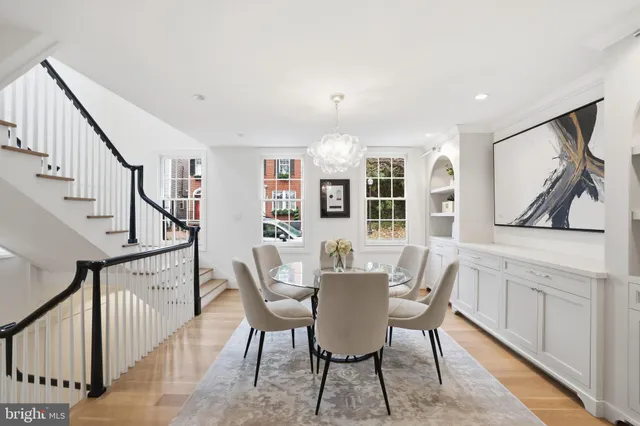 a view of a dining room with furniture