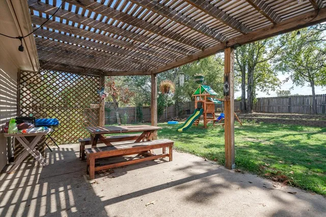 a garden view with a seating space