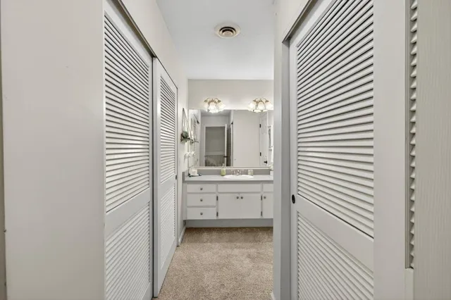 a bathroom with a sink a mirror and a shower
