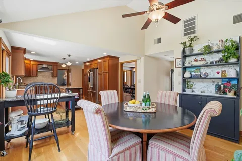 a view of a dining room with furniture