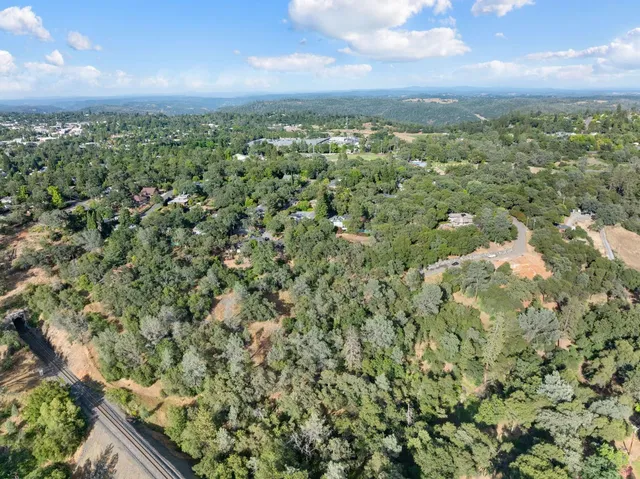 an aerial view of residential houses with outdoor space and trees