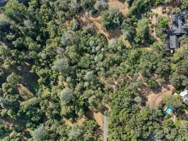 an aerial view of residential houses with outdoor space and trees