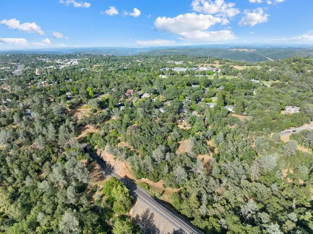 an aerial view of residential houses with outdoor space and trees
