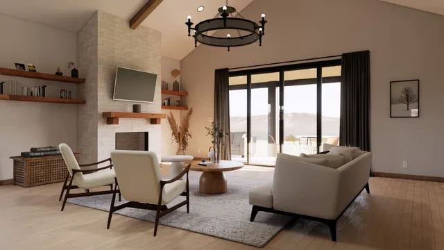a living room with furniture a flat screen tv and a floor to ceiling window