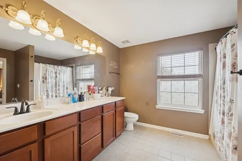a bathroom with a sink vanity and a mirror
