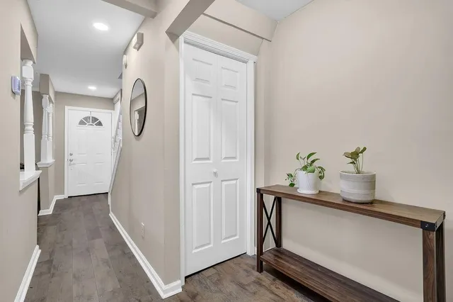 a hallway with painting on the wall and a potted plant